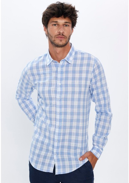 Erkek Slim Fit Dar Kesim Uzun Kollu %100 Pamuk Keten Doku Kareli Gömlek