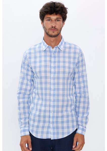 Erkek Slim Fit Dar Kesim Uzun Kollu %100 Pamuk Keten Doku Kareli Gömlek