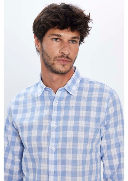 Erkek Slim Fit Dar Kesim Uzun Kollu %100 Pamuk Keten Doku Kareli Gömlek