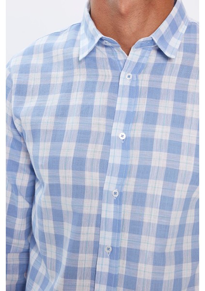 Erkek Slim Fit Dar Kesim Uzun Kollu %100 Pamuk Keten Doku Kareli Gömlek
