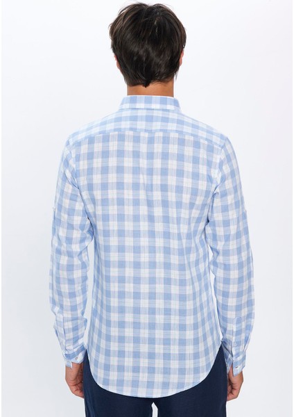 Erkek Slim Fit Dar Kesim Uzun Kollu %100 Pamuk Keten Doku Kareli Gömlek
