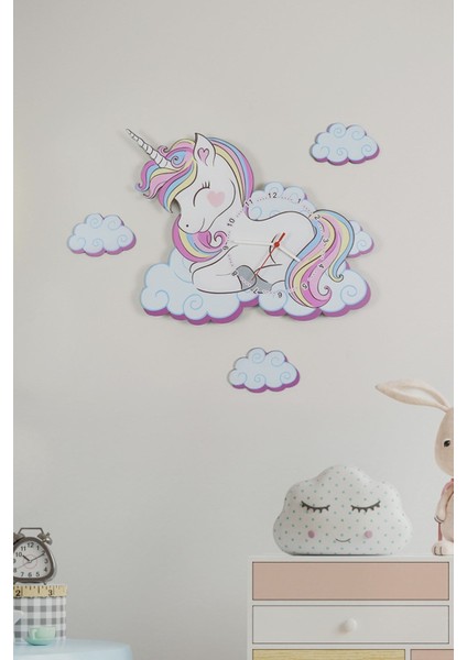 Sevimli Unicorn Çocuk Odası Ahşap Duvar Saati, Renkli, Modern Tasarım, 60x40 cm