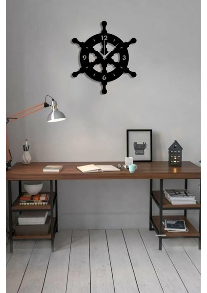 Dümen Şekilli Ahşap Duvar Saati, 45x45cm, Siyah, Antik Tarz