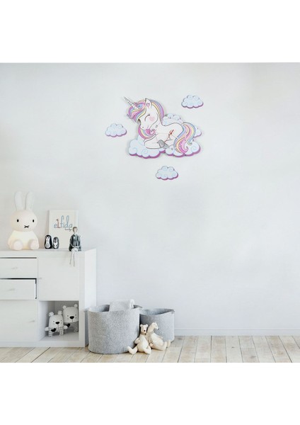Sevimli Unicorn Çocuk Odası Ahşap Duvar Saati, Renkli, Modern Tasarım, 60x40 cm modelleri
