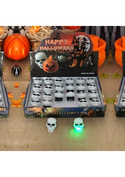 4 Adet Işıklı Pilli LED Işıklı Kurukafa Iskelet Yüzüğü Halloween Yüzük