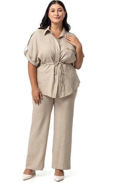 Büyük Beden Yarım Kol Gömlek Pantolon Bej Rengi Ikili Takım