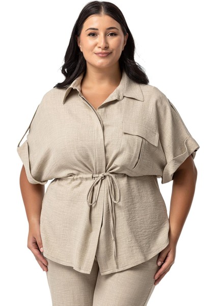 Büyük Beden Yarım Kol Gömlek Pantolon Bej Rengi Ikili Takım fiyatları