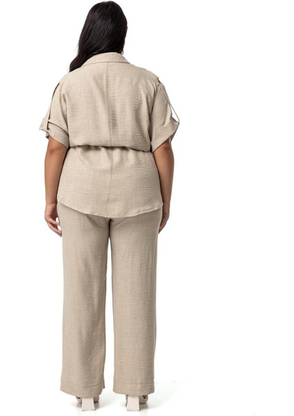 Büyük Beden Yarım Kol Gömlek Pantolon Bej Rengi Ikili Takım modelleri