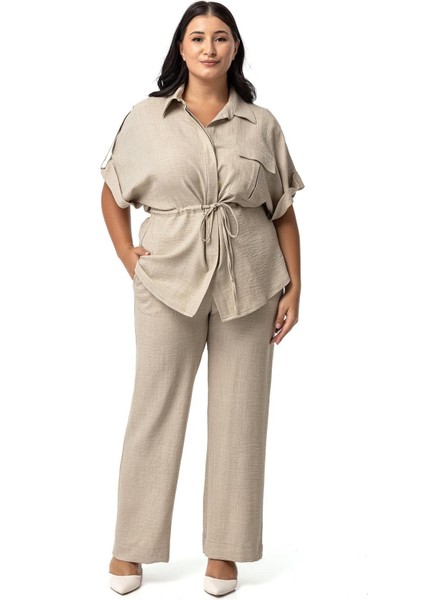 Büyük Beden Yarım Kol Gömlek Pantolon Bej Rengi Ikili Takım fırsatları
