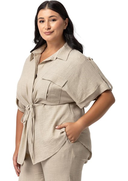 Büyük Beden Yarım Kol Gömlek Pantolon Bej Rengi Ikili Takım indirimleri