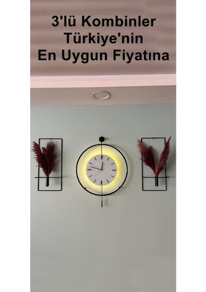 3lü Black Fred (Ortaboy) cm LED Kristal - Modern Dekoratif Camlı Metal Duvar Saati