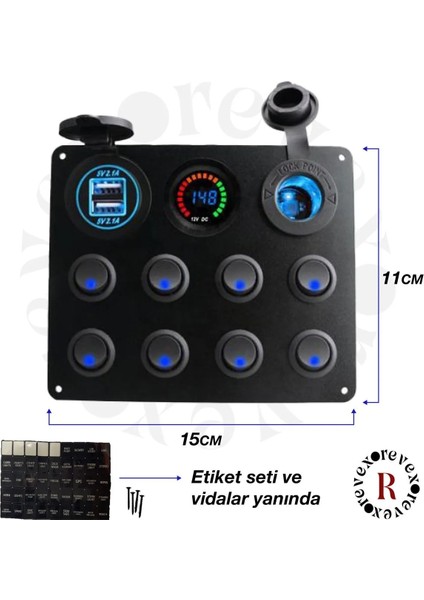 12v Kontrol Paneli Sigorta+8 On-Off Düğme 2 Şarj Soketi Çakmaklık Voltaj Göstergeli Karavan