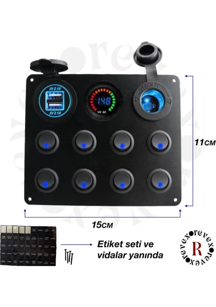 12v  Kontrol Paneli Sigorta+8 On-Off Düğme 2 Şarj Soketi Çakmaklık Voltaj Göstergeli Karavan