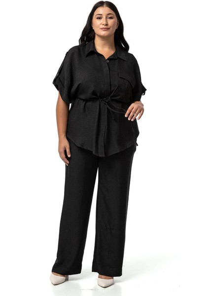 Büyük Beden Yarım Kol Gömlek Pantolon Siyah Ikili Takım