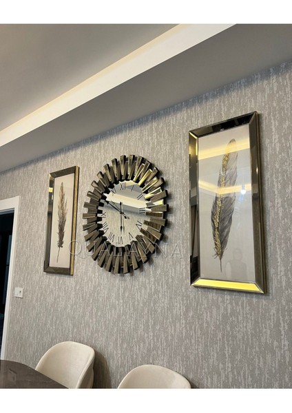 Bronz Aynalı 65 cm Çapında Saat ve 30X70 cm Tablolar 3’lü Set