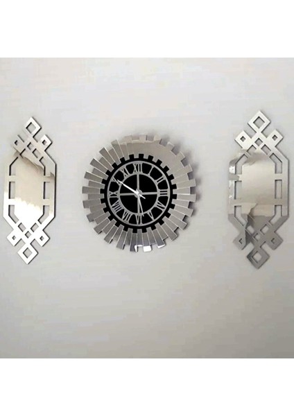 Gümüş Renk Plexiglass Ayna Piyano Model Duvar Saati, Tablo 3 Parça Set Özel Tasarım