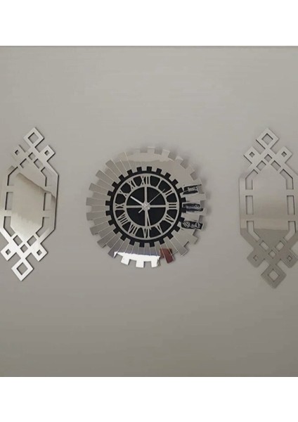 Gümüş Renk Plexiglass Ayna Piyano Model Duvar Saati, Tablo 3 Parça Set Özel Tasarım