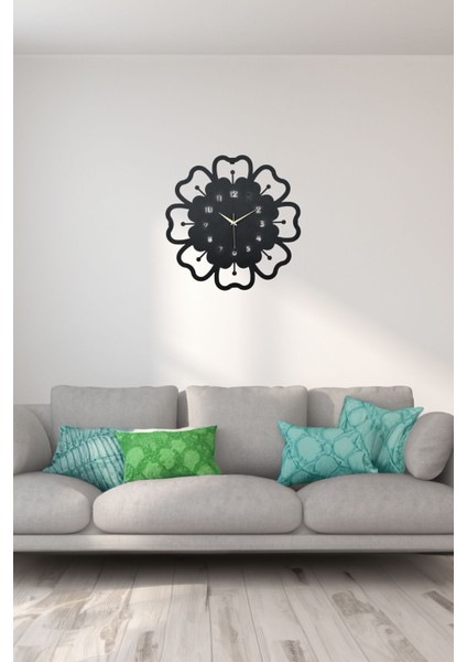 Modern siyah metal lazer kesim duvar saati, 40x40 cm, şık ve sessiz mekanizmalı