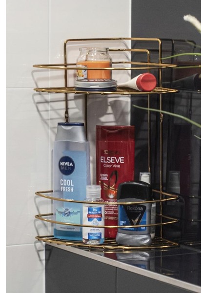 Tiesa Home Metal 2 Katlı Gold Banyo Köşeliği Şampuanlık Organizer