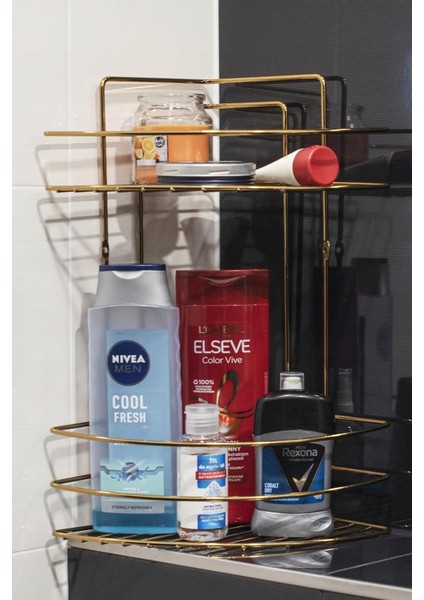 Tiesa Home Metal 2 Katlı Gold Banyo Köşeliği Şampuanlık Organizer