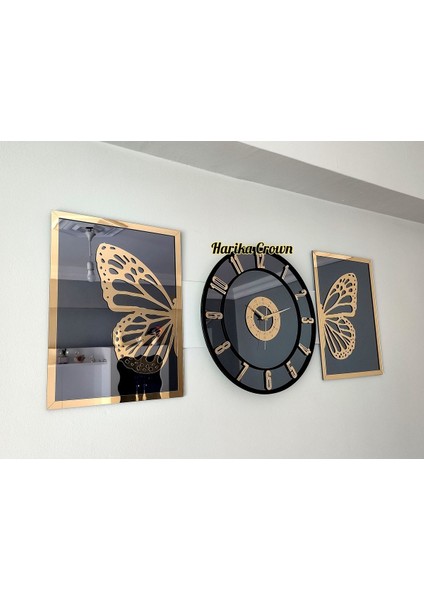 Aynalı Model 2 Li Kelebek Tablo ve Saat Seti 40