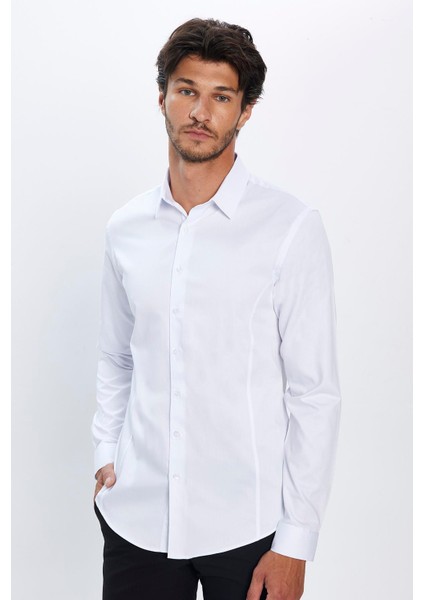 Erkek Slim Fit Dar Kesim Uzun Kollu Pamuk Premium Seri Beyaz Gömlek