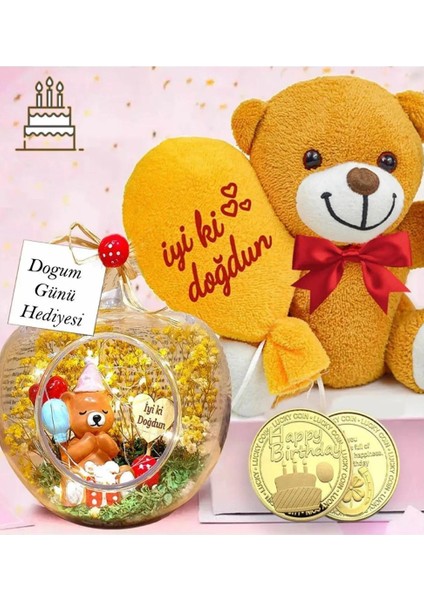Doğum Günü Hediyesi Işıklı Teraryum & Iyi Ki Doğdun Balonlu Ayıcık & Şans Parası