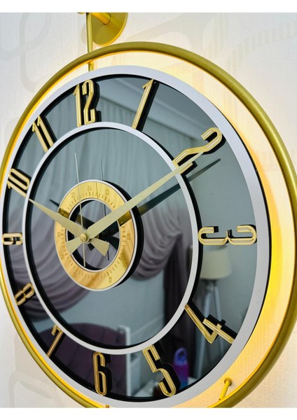 Işıklı Metal Camlı Duvar Saati, Modern Tasarım, 40x60, Altın, Füme ve Beyaz renkli