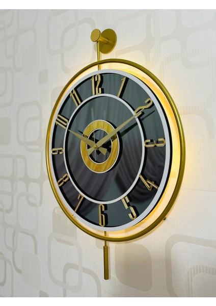 Işıklı Metal Camlı Duvar Saati, Modern Tasarım, 40x60, Altın, Füme ve Beyaz renkli indirimleri