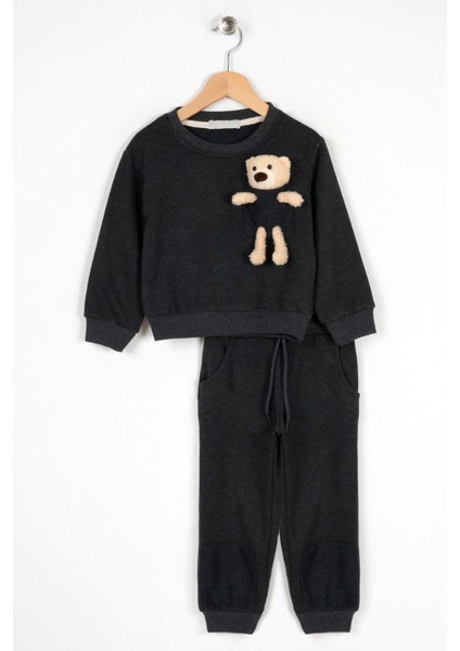 Erkek Çocuk Siyah Renkli Ayıcık Cepli Yamalı Eşofman Takımı
