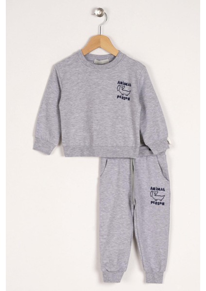 Bisiklet Yaka Uzun Kol Anımal Person Baskılı Gri Renk Erkek Çocuk Esofman Takım