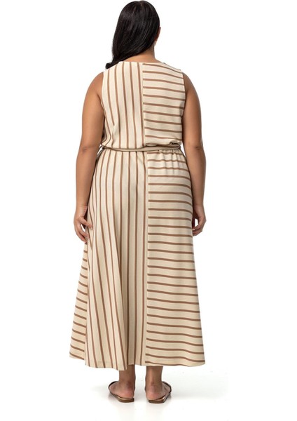 Büyük Beden Kalın Askılı Cepli Kuşaklı Asimetrik Vizon Çizgili Elbise modelleri