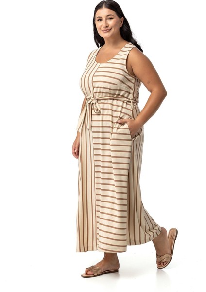 Büyük Beden Kalın Askılı Cepli Kuşaklı Asimetrik Vizon Çizgili Elbise fırsatları