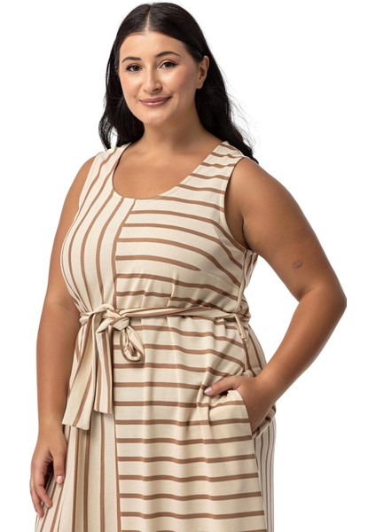 Büyük Beden Kalın Askılı Cepli Kuşaklı Asimetrik Vizon Çizgili Elbise indirimleri