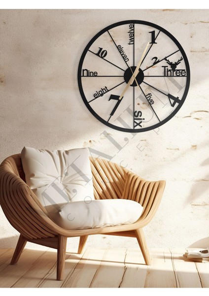 Modern, sessiz, siyah metal duvar saati 60x60cm, şık ve sade tasarım.
