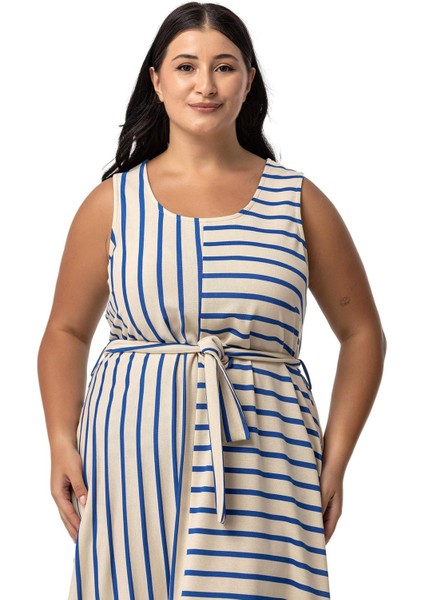 Büyük Beden Kalın Askılı Cepli Kuşaklı Asimetrik Saks Mavi Çizgili Elbise fiyatları