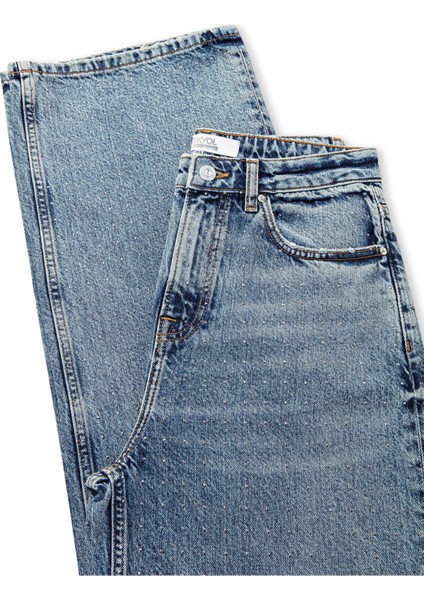 Hotfix Baskılı Wide Leg Fit Jean Pantolon