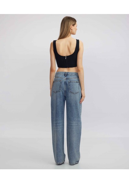 Hotfix Baskılı Wide Leg Fit Jean Pantolon