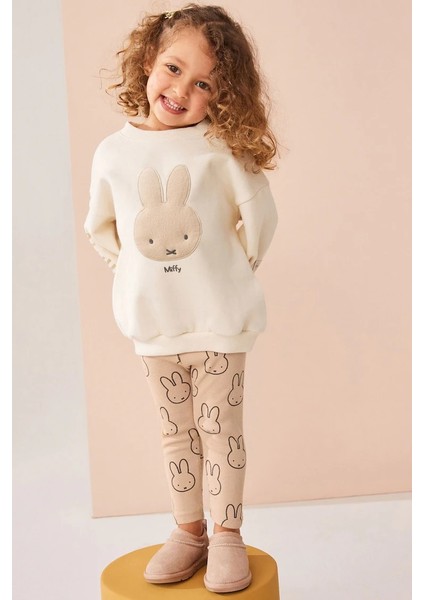 Ladin Store Yeni Sezon Kız Çocuk Miffy Detaylı Bej Pamuklu Sweatshirt ve Fitilli Taytlı Alt-Üst Ikili Takım