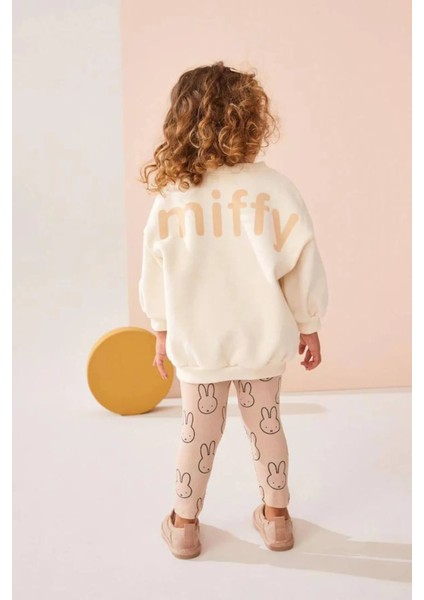 Ladin Store Yeni Sezon Kız Çocuk Miffy Detaylı Bej Pamuklu Sweatshirt ve Fitilli Taytlı Alt-Üst Ikili Takım