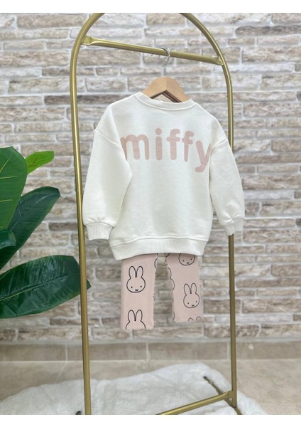 Ladin Store Yeni Sezon Kız Çocuk Miffy Detaylı Bej Pamuklu Sweatshirt ve Fitilli Taytlı Alt-Üst Ikili Takım