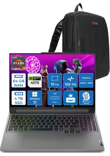 Legion Slim 5 Amd Ryzen 7 7435HS 64GB Ddr5 4tb SSD 8gb Geforce Rtx™ 4070 (140W) 16" Wqxga 165Hz Windows 11 Pro Taşınabilir Bilgisayar 883EX001DTRWP11 + Zetta Çanta