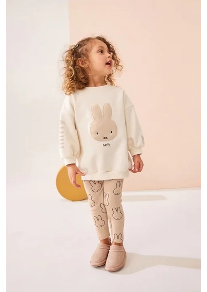Yeni Sezon Kız Çocuk Miffy Detaylı Bej Pamuklu Sweatshirt ve Fitilli Taytlı Alt-Üst Ikili Takım
