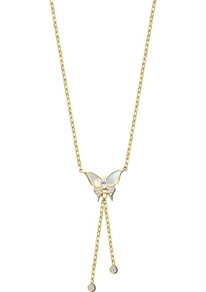 Sallantılı Kelebek Model Sedef Taşlı 925 Ayar Gümüş Kolye Sarı Renk