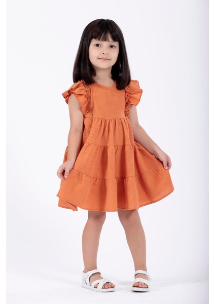 Kolları Fırfırlı Bej Melanj Renk Kız Çocuk Waffle Elbise