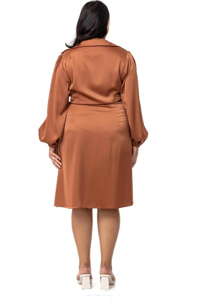 Büyük Beden Derin V Yaka Beli Yandan Drapeli Saten Tarçın Elbise modelleri