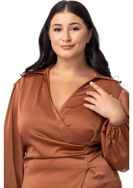 Büyük Beden Derin V Yaka Beli Yandan Drapeli Saten Tarçın Elbise indirimleri