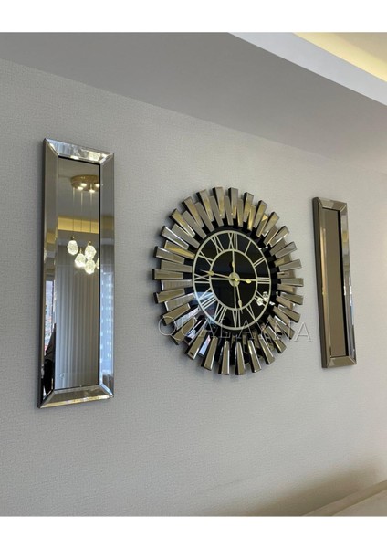 3’lü Bronz Renk 83 cm Piyano Saat ve 25X90 cm Aynalar Set