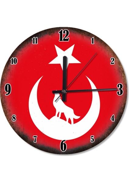 30 cm çaplı renkli modern duvar saati, ay yıldız ve kurt figürüyle şık dekorasyon.