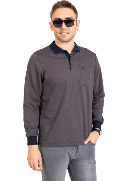 Erkek Orta Yaş ve Üzeri Polo Yaka Cepli Uzun Kollu Fitilli Mevsimlik Sweatshirt 1219-Kahve Rengi